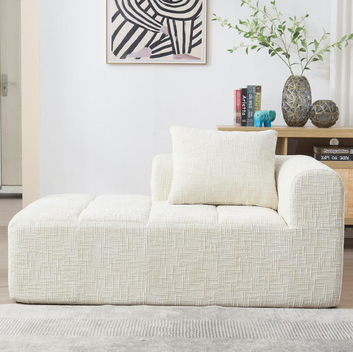 CHAISELONGUE Sofa Chenille mit Kissen und Seitentaschen 158/90/60 cm Beige - Beige, Textil (60/158/90cm) - Redom