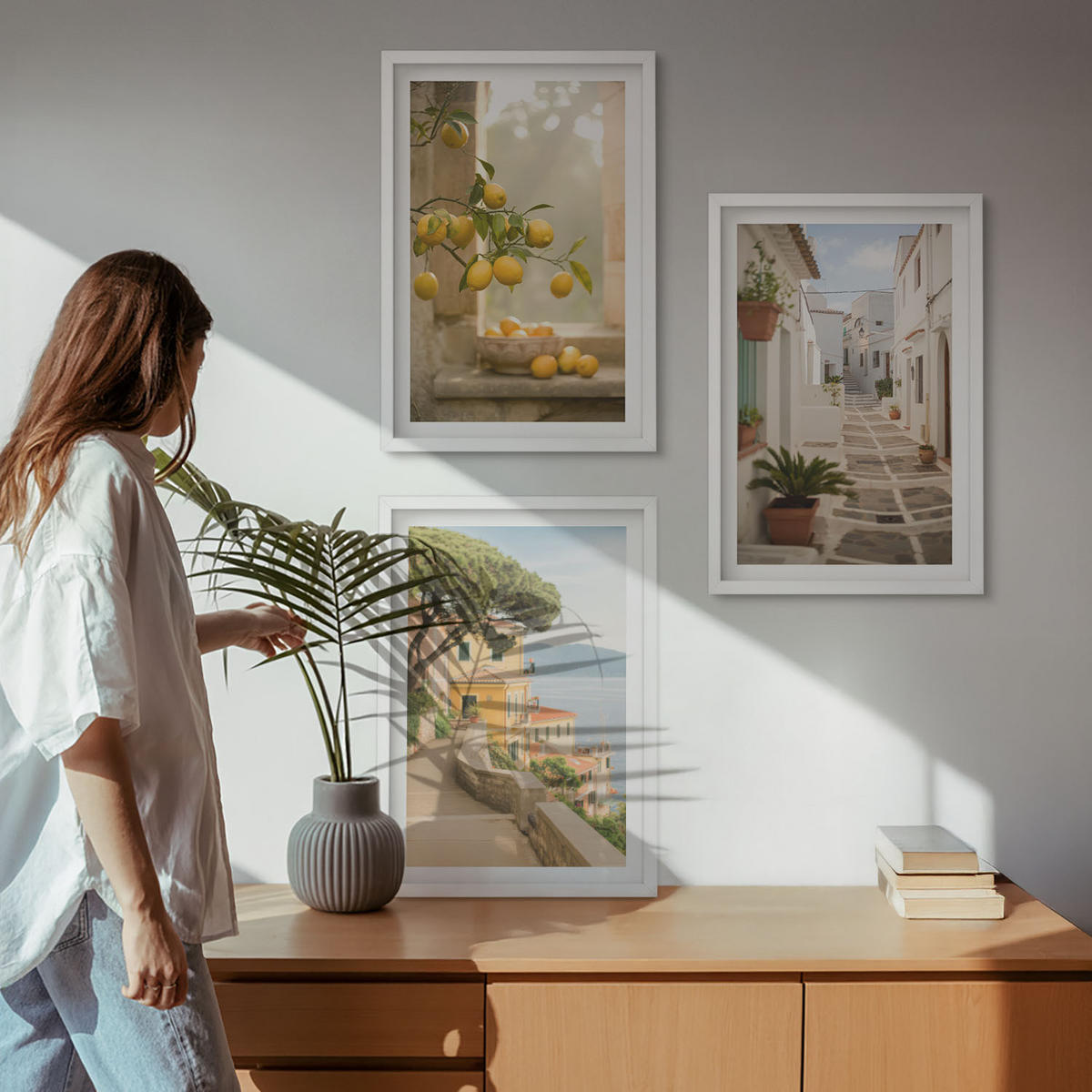 BILDER SET 3er Set - 40x60 cm Weißer Rahmen - Blick aus dem Fenster auf einen Zitrusbaum - Weiß, Kunststoff (40/60cm) - TULUP