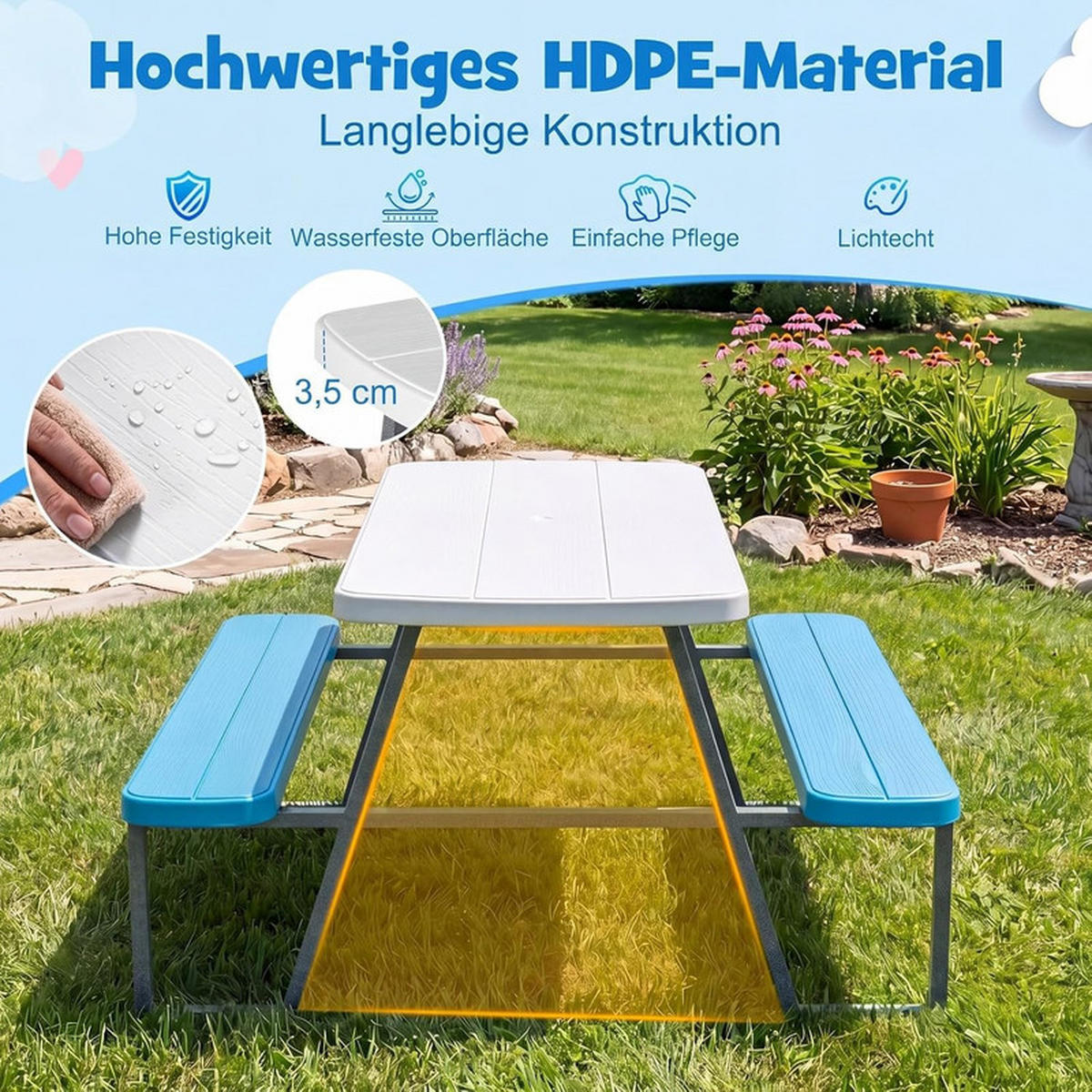 KINDERSITZGARNITUR mit Sonnenschirm blau - Blau, Kunststoff - COSTWAY