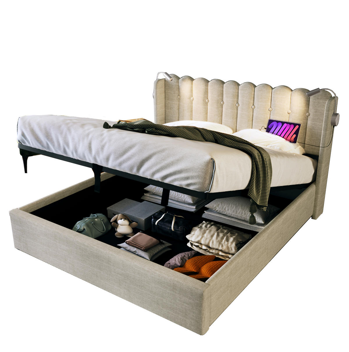 POLSTERBETT 140/200 cm Leinen Grau mit Leselicht und Ladefunktion Ohne Matratze - Naturfarben, Textil (140/200cm) - OKWISH