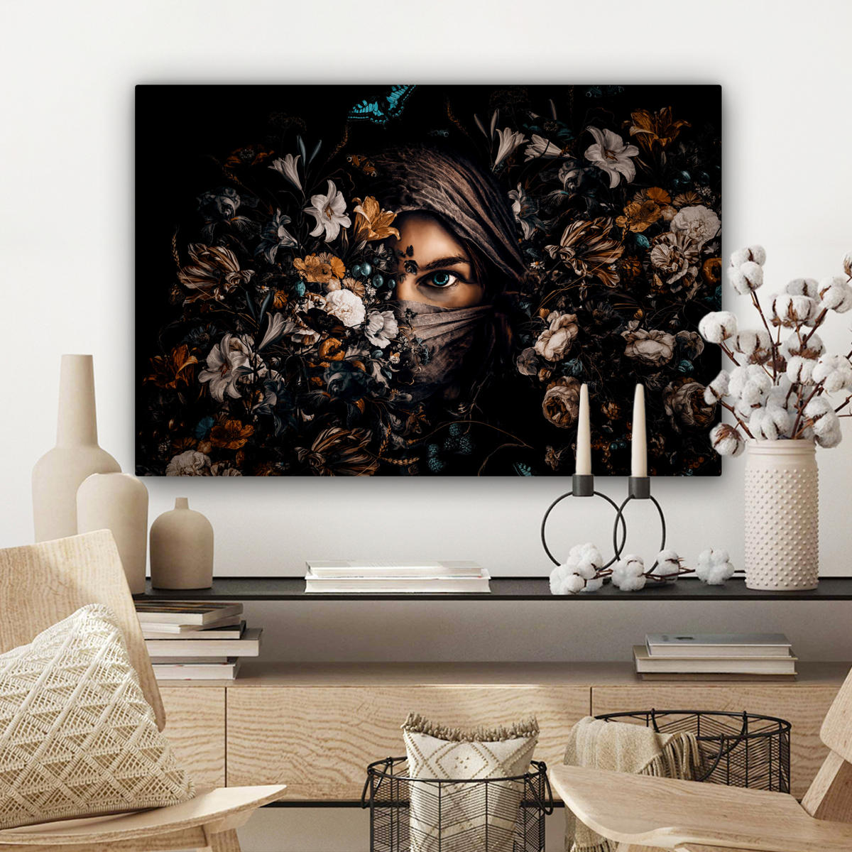 LEINWANDBILD Frau - Luxus - Blumen - Schmetterling - Porträt Wanddeko 90x60 cm - Schwarz, Textil (90/60cm) - MuchoWow