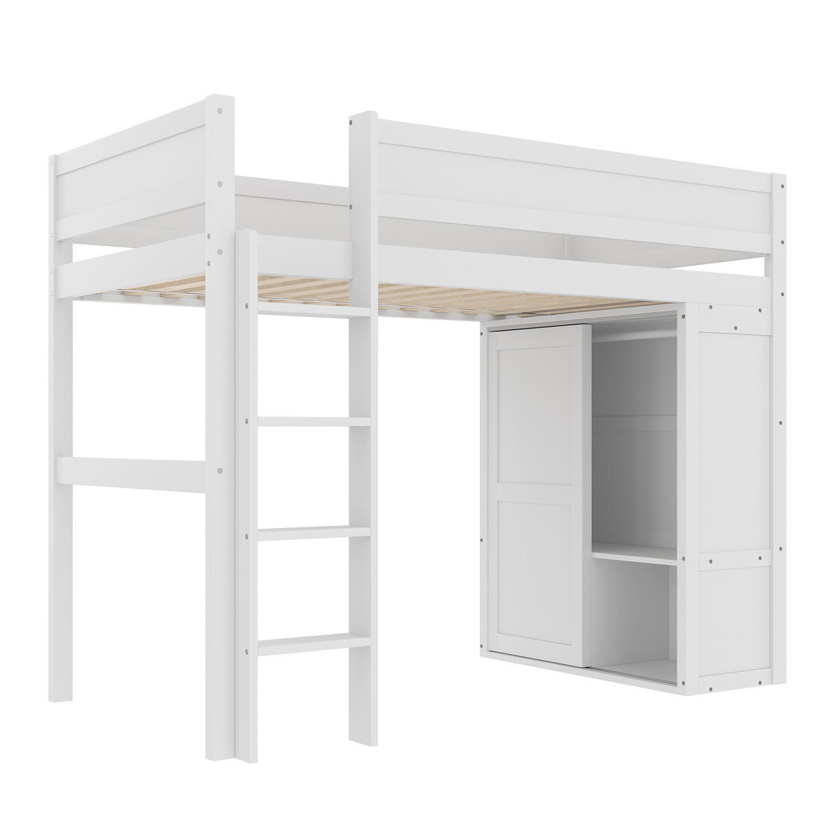 HOCHBETT aus Kiefernholz und MDF 90x200 cm Weiß mit Kleiderschrank und Staufach - Weiß, Holzwerkstoff (90/200cm) - IVMEU
