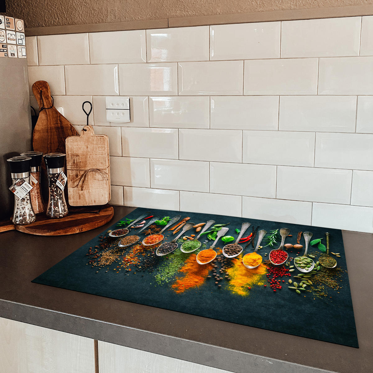 HERDABDECKPLATTE Kräuter - Gewürze - Löffel 71x52 cm - Multicolor, Kunststoff (71/52/0.2cm) - MuchoWow