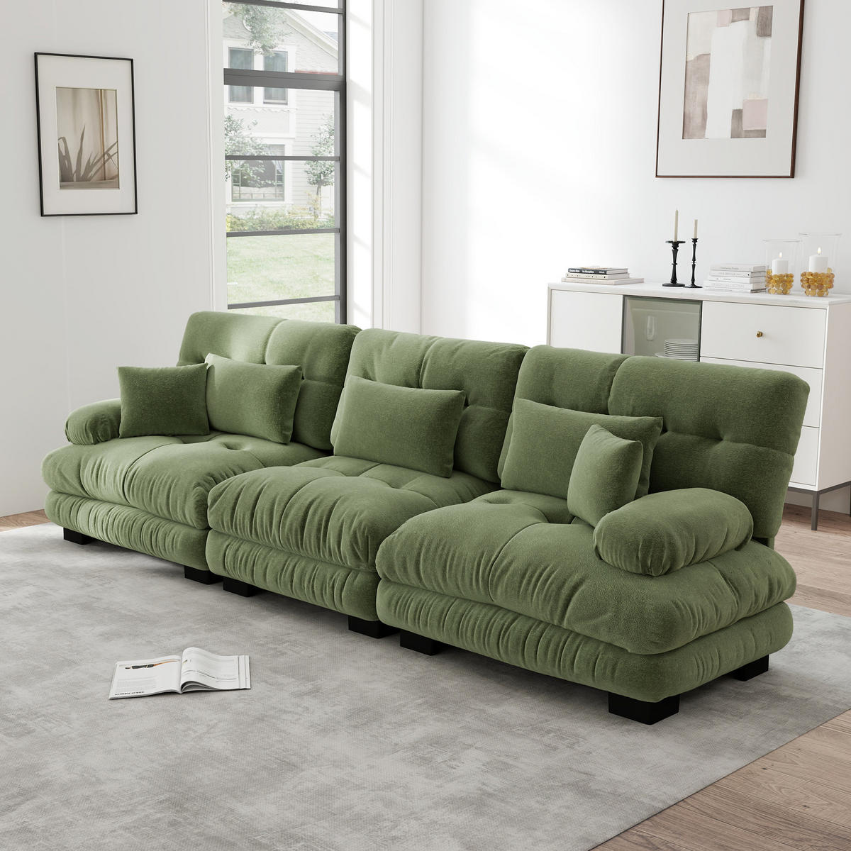 SOFA 3-Sitzer Modulares aus Chenille mit tiefem Sitz, grün - Grün, Textil (77/81/313cm) - Luhomfu