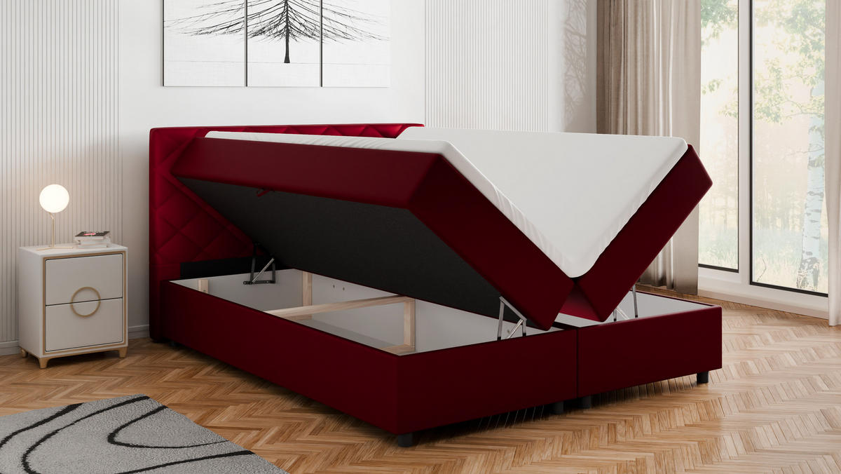BOXBETT Diamaro 160x200 cm mit Bettkasten und Topper - Rot - Rot, Holz (160/200cm) - Homesy