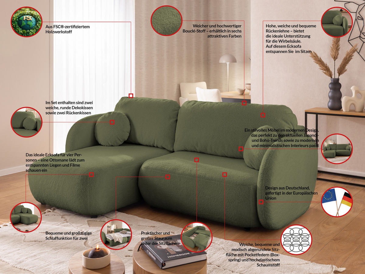 ECKSOFA Candy mit Schlaffunktion Grün Bouclé-Stoff - Ottomane links - Schwarz/Grün, Holz/Kunststoff (230/146cm) - S-Style Möbel