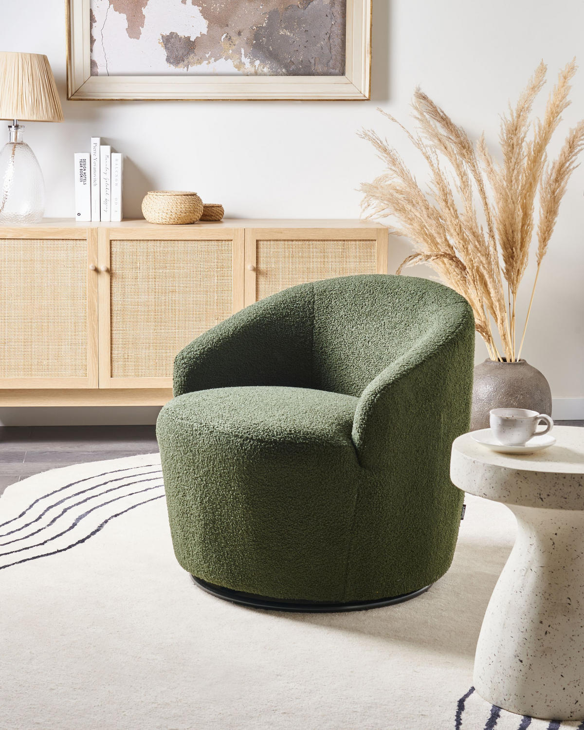 DREHSESSEL Bouclé Dunkelgrün Davik - Schwarz/Grün, Textil (62/67/63cm) - Beliani