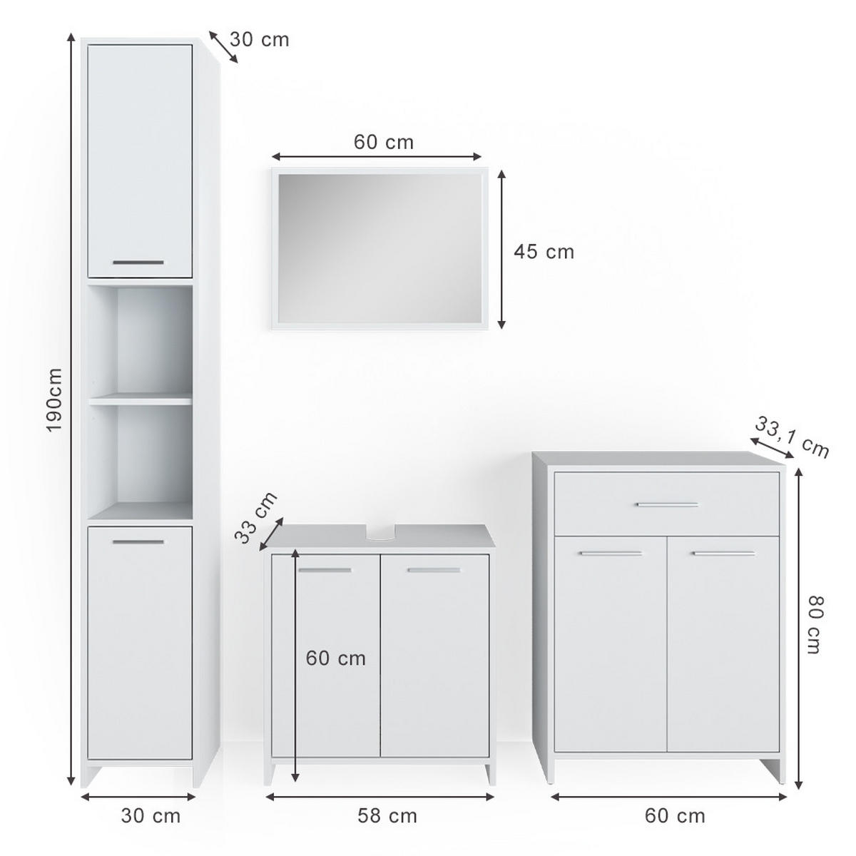 BADMÖBEL-SET Kiko Weiß 4 Teile, mit Hochschrank und Kommode - Weiß, Holzwerkstoff (58/60/33cm) - Vicco