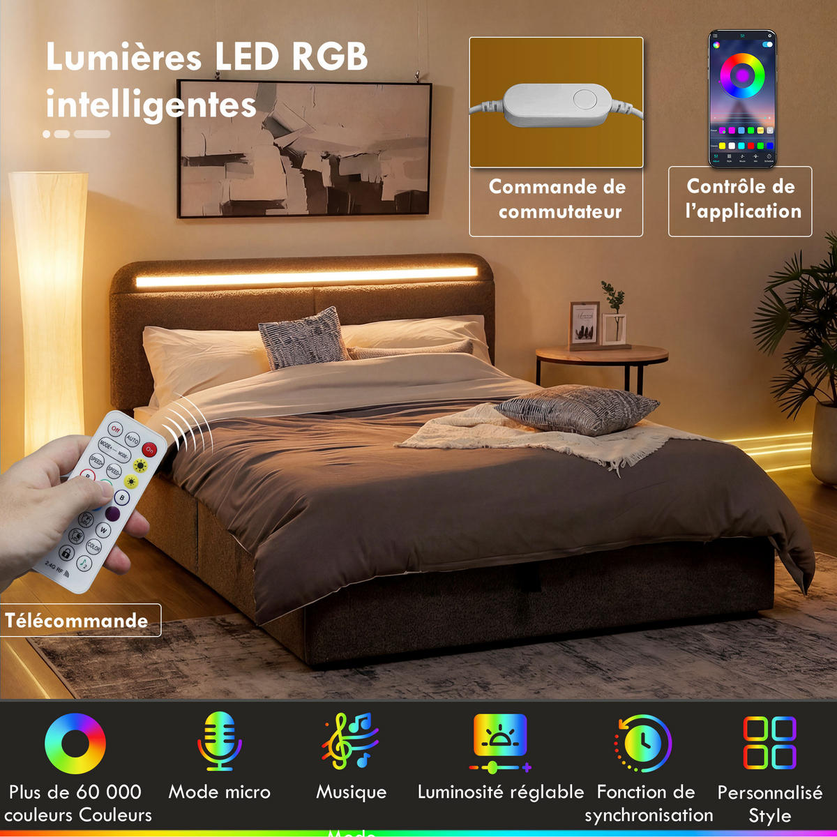 BETT 140x190 cm DE-14653 mit LED-Beleuchtung & verstellbarem Kopfteil Grau - Grau, Textil (140/190cm) - ComfortXL