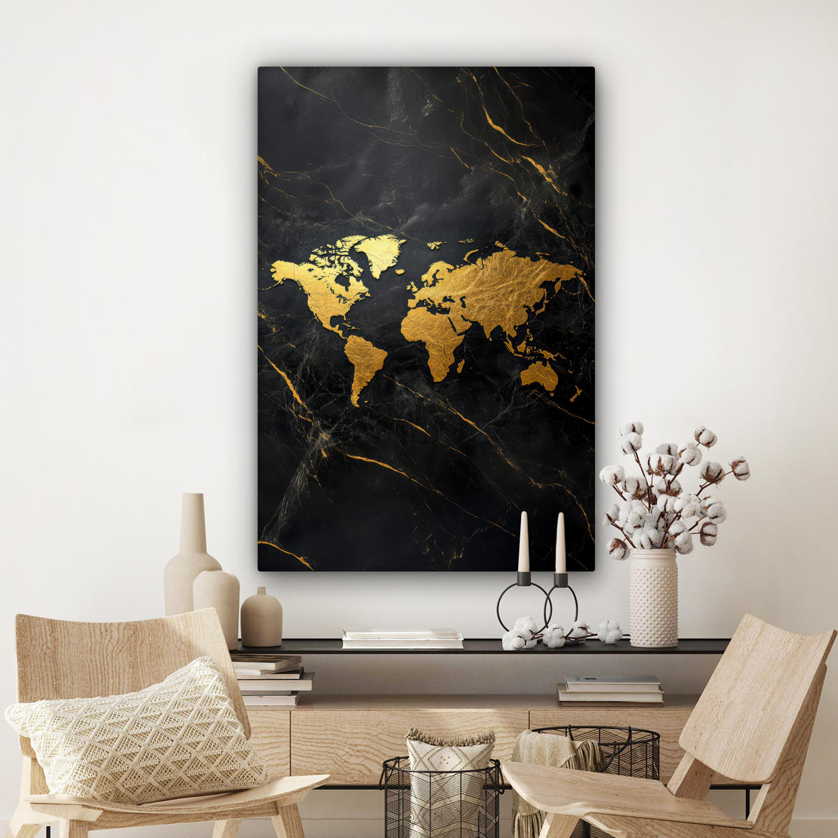 LEINWANDBILD Weltkarte - Gold - Marmor Deko XXL 80x120 cm - Goldfarben, Textil (80/120cm) - MuchoWow