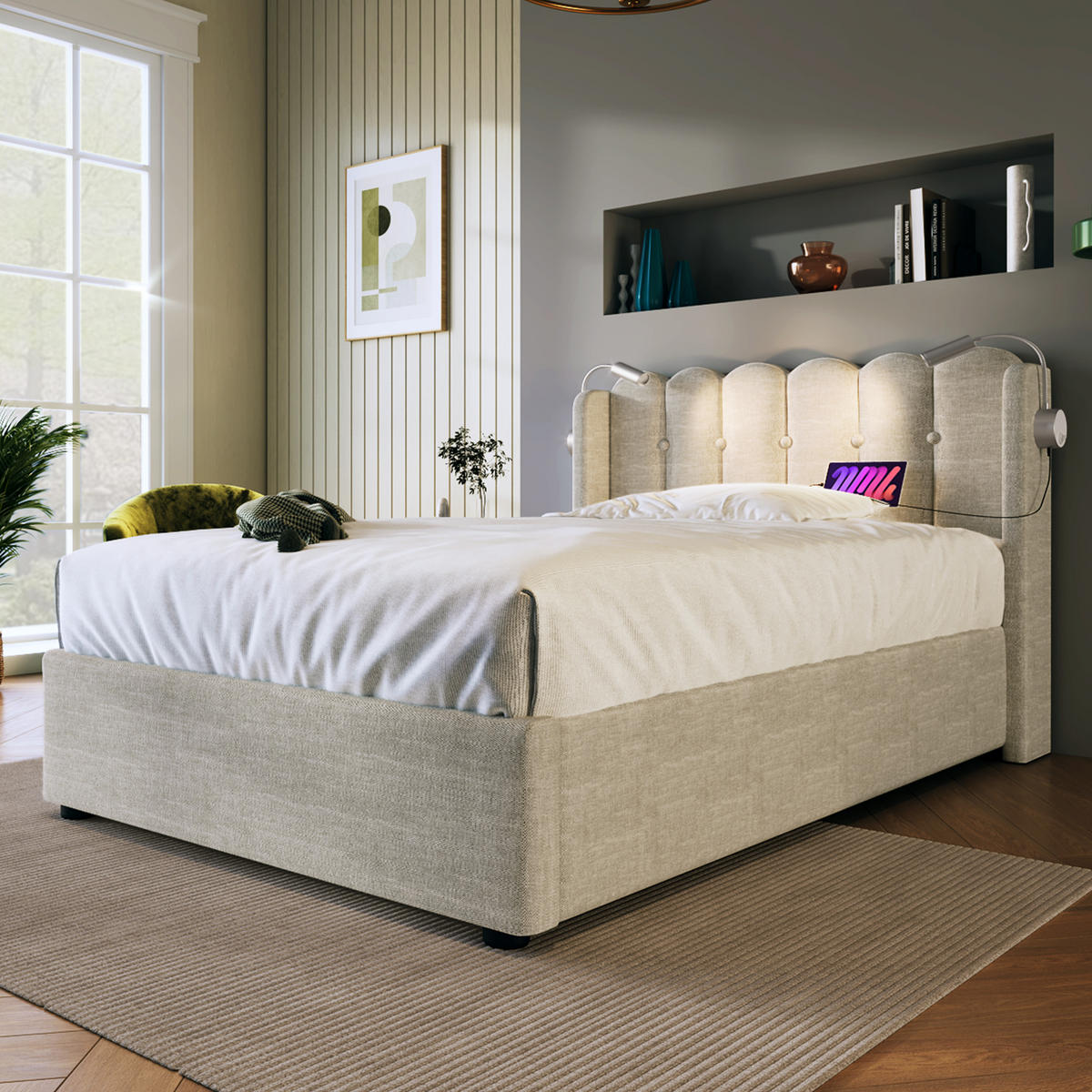 POLSTERBETT 90/200 cm mit hydraulischem Bettkasten, Leselicht & 2 USB-Anschluss, Natur - Naturfarben, Textil (90/200cm) - Redom