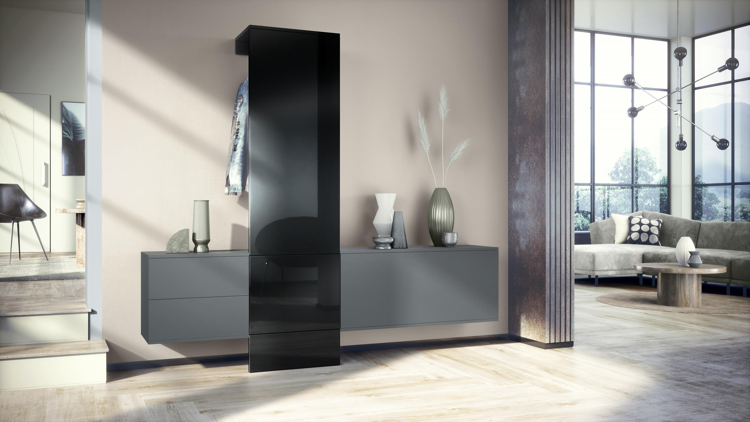 GARDEROBE DualVista Schwarz Hochglanz - Schwarz Hochglanz, Holzwerkstoff (208/193/35cm) - Vladon