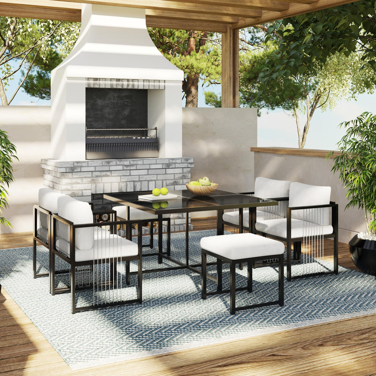 GARTENMÖBEL-SET Modernes 7-tlg. Weiß/Schwarz - Weiß, Metall - ComfortXL