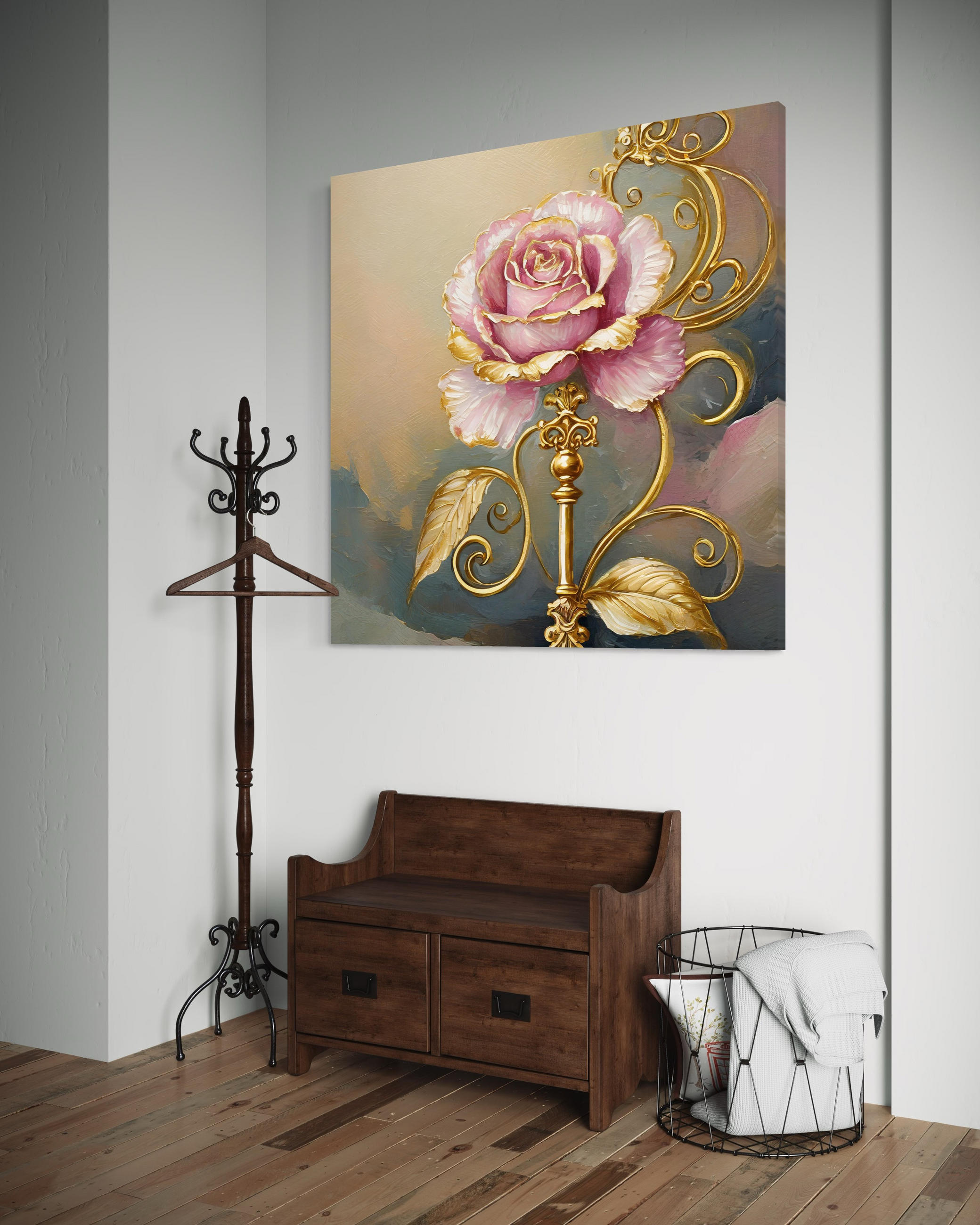 WANDBILD rose blume gold glamour - Pink, Textil (50/50cm) - Feeby
