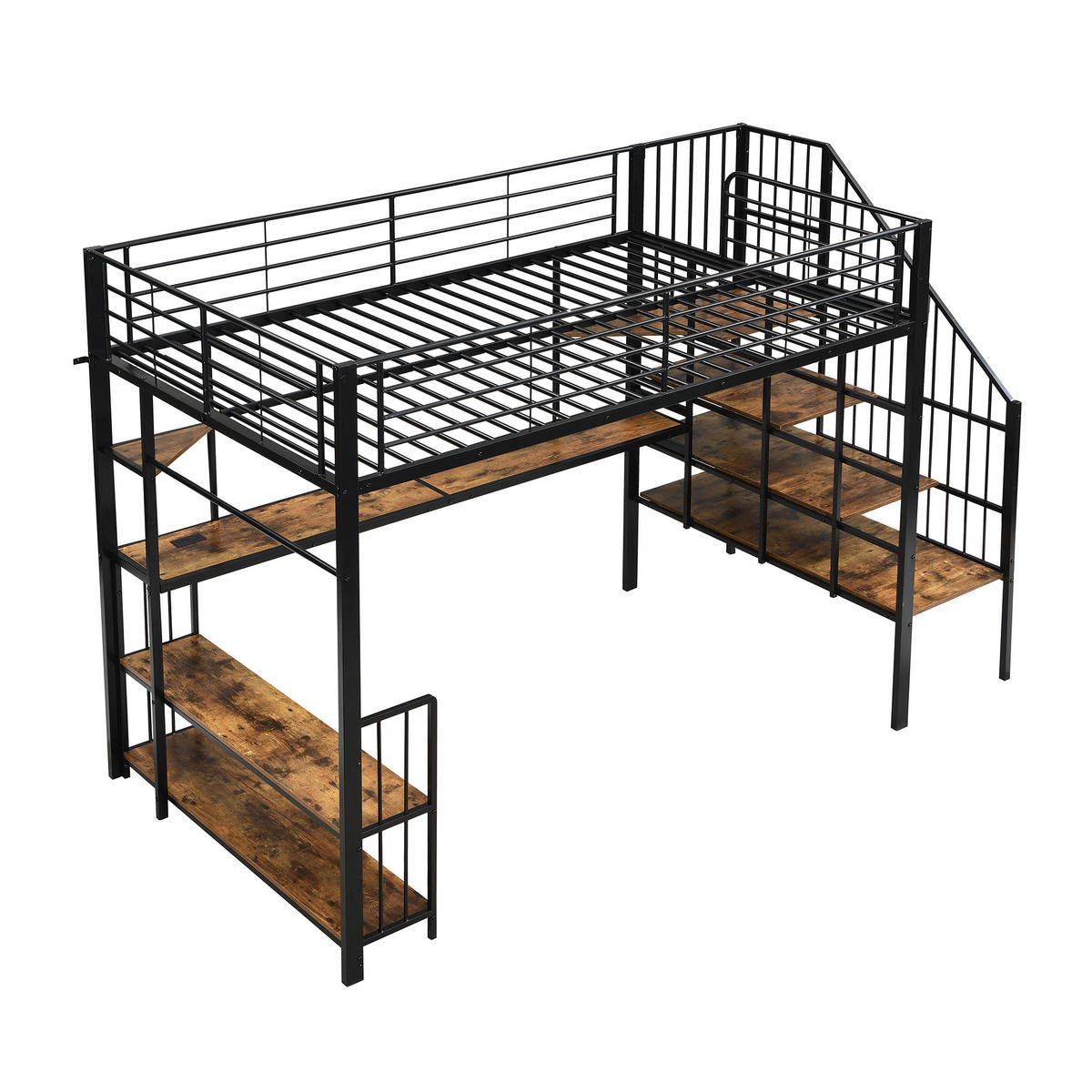 HOCHBETT 120/200 cm DE-02339, in Schwarz/Dunkel, mit Seitenleiter, Ladeanschluss und Kleiderbügel - Walnussfarben/Schwarz, Holzwerkstoff/Metall (120/200cm) - ComfortXL