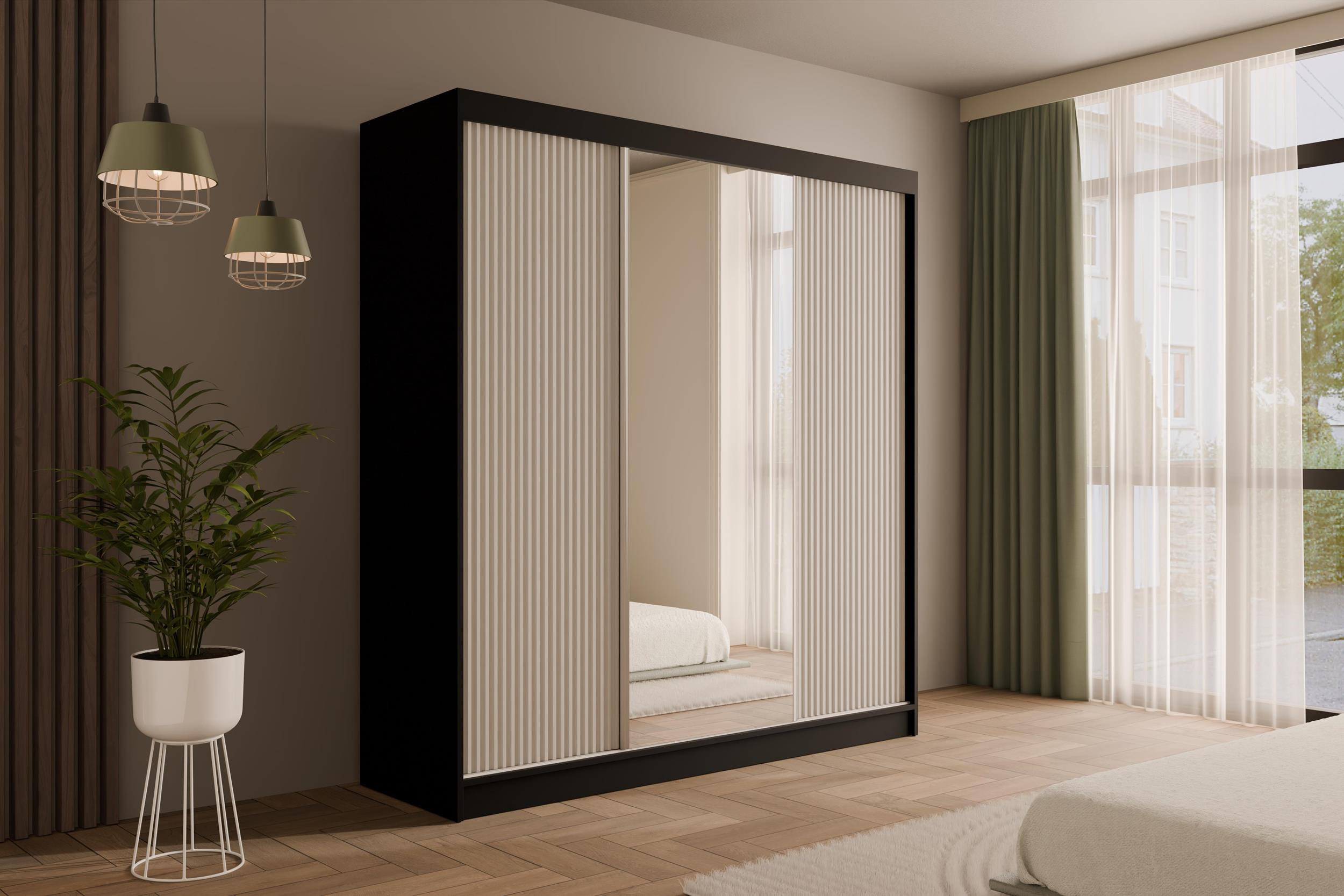 KLEIDERSCHRANK mit Spiegel V2-PRESTIG 215x200 cm - Schwarz|Weiß - Schwarz/Weiß, Holzwerkstoff (200/215/61cm) - ALTDECOR