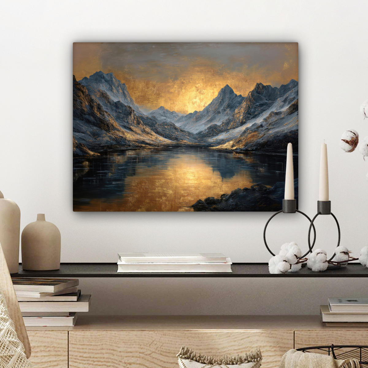 LEINWANDBILD Bergkulisse mit goldenem Sonnenuntergang Wandbild 40x30 cm - Goldfarben, Textil (40/30cm) - MuchoWow