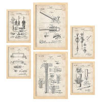 POSTER Set Mit 6 Mit Bauwerkzeuge 2 Patenten Im Vintage Stil A3 & A4 Rahmen Aus Hellem Holz - Beige, Papier (29/3cm) - Nacnic