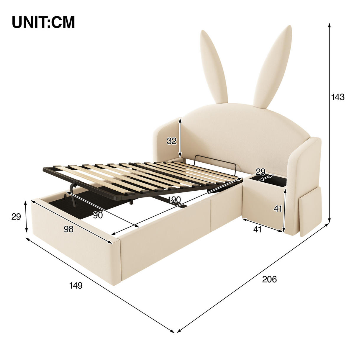 POLSTERBETT 90/190 cm, Beige mit Hasenohren-Kopfteil und Stauraum - Beige, Textil (90/190cm) - MIVRAY