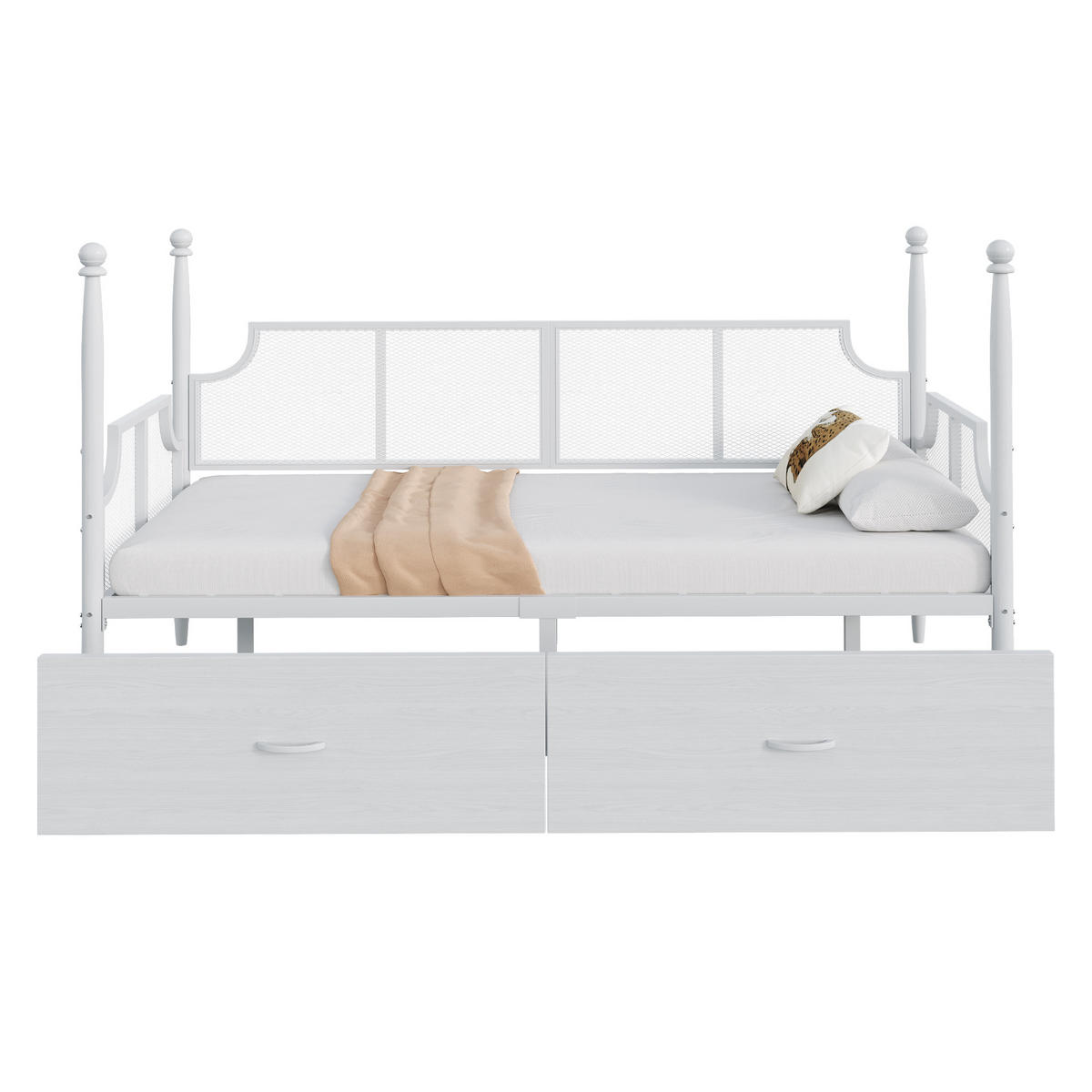 METALLBETT 90/200 cm weiß mit Vintage-Rückenlehne und Ablagefächern - Weiß, Metall (90/200cm) - OKWISH