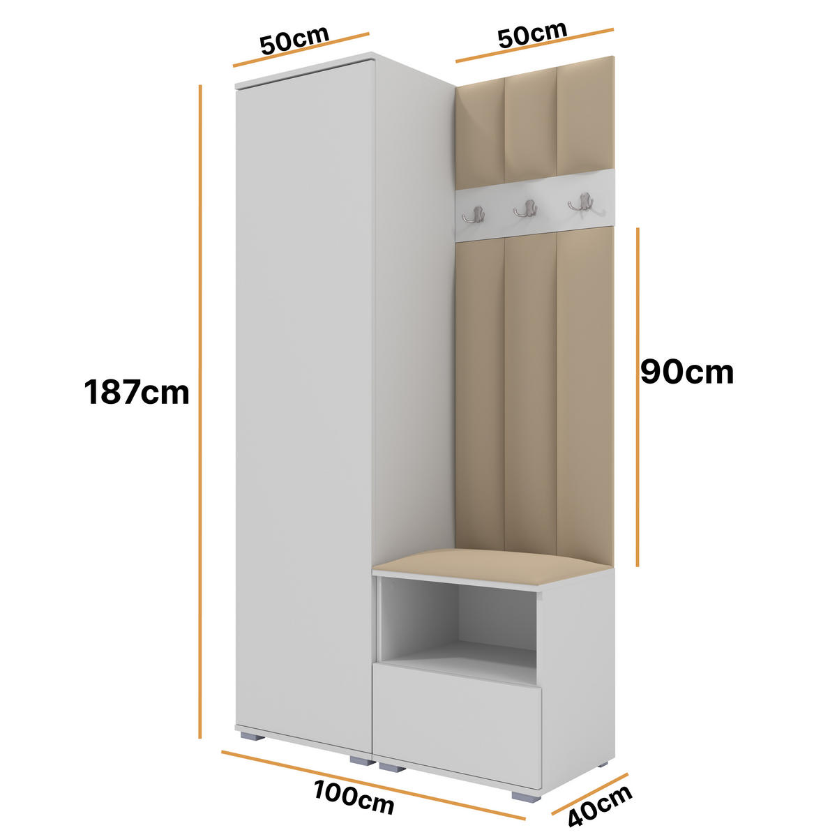 GEPOLSTERT Garderoben-Set Nela I LUX (Weiß + Stoff Trinity 04) - Beige/Silberfarben, Holz/Holzwerkstoff (100/187/40cm) - Ravio