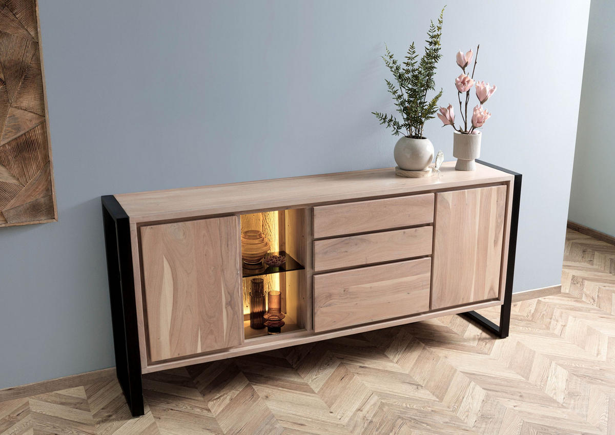 SIDEBOARD Akazie / Altholz 200x40x90 natur lackiert DENVER #112 - Braun, Holz (200/90/40cm) - Massivmoebel24