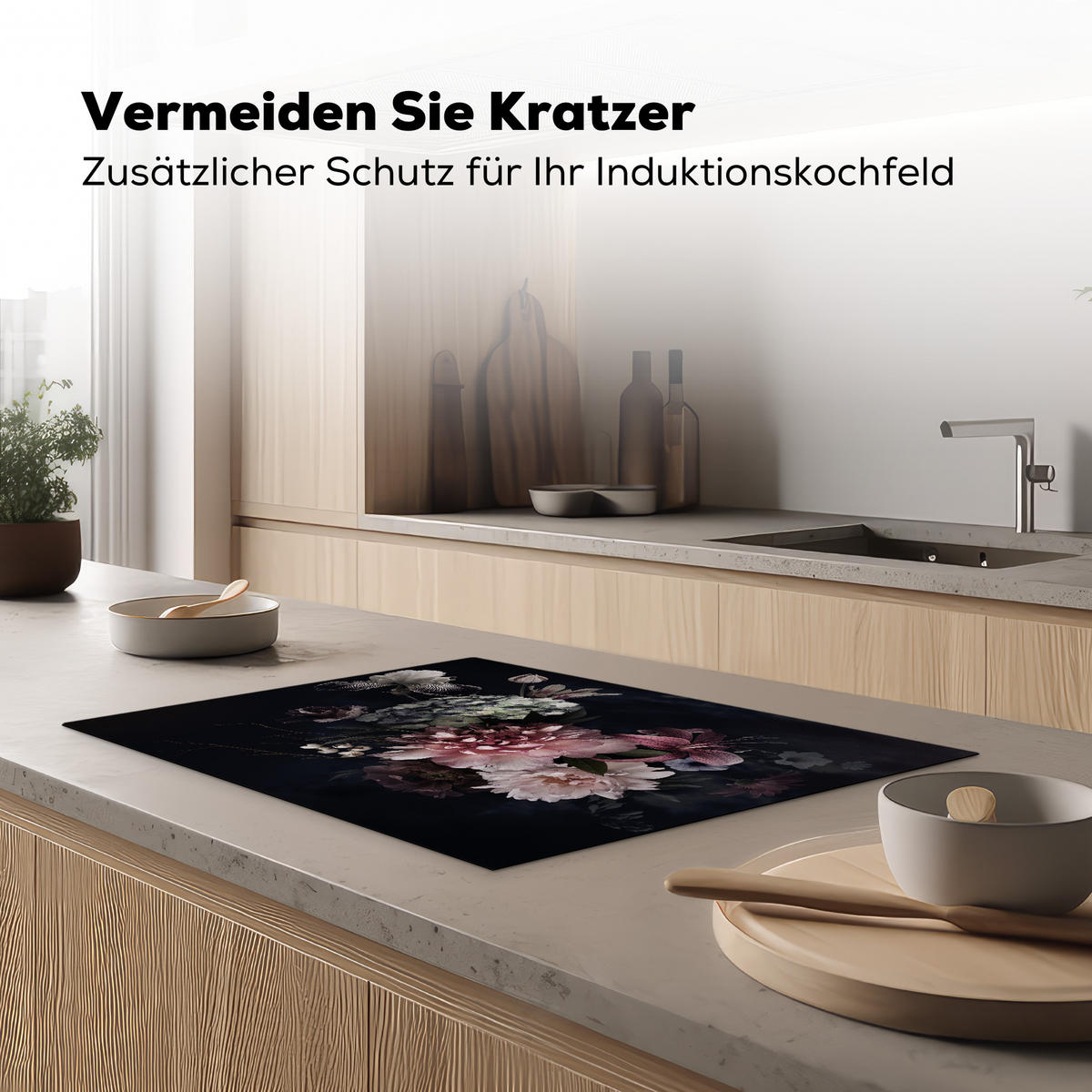 HERDABDECKPLATTE Blumen - Vintage - Pastell - Rosa - Weiß 75x52 cm - Altrosa, Kunststoff (75/52/0.2cm) - MuchoWow