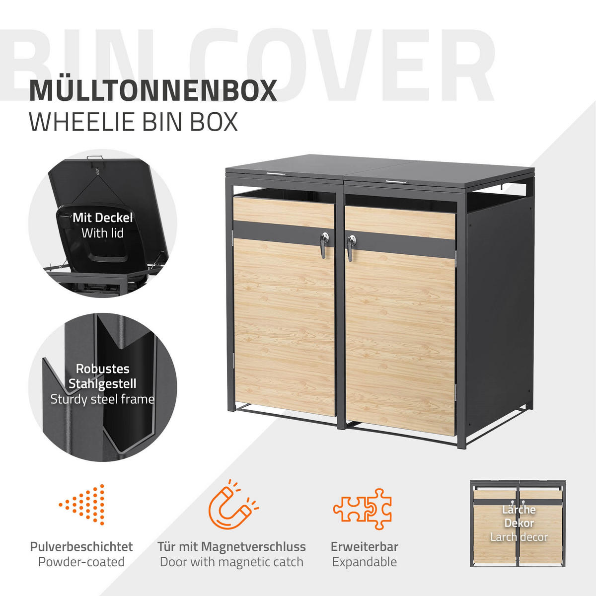KONTEJNEROVÝ BOX na odpadky, 2 kusy, antracit, vzhled dřeva - přírodní, kov (132/120/80cm) - ML-DESIGN