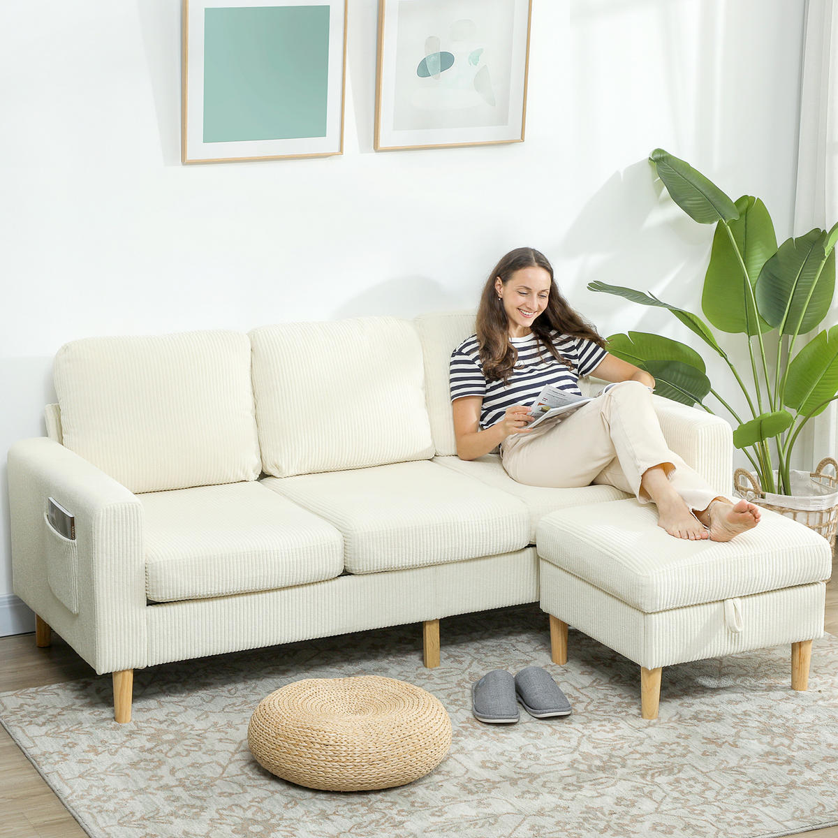 SOFA, 3-Sitzer, Cordbezug, Fußstütze, gepolstert, beige, 192x138x85cm - Multicolor, Holzwerkstoff (192/85/138cm) - FORIOUS