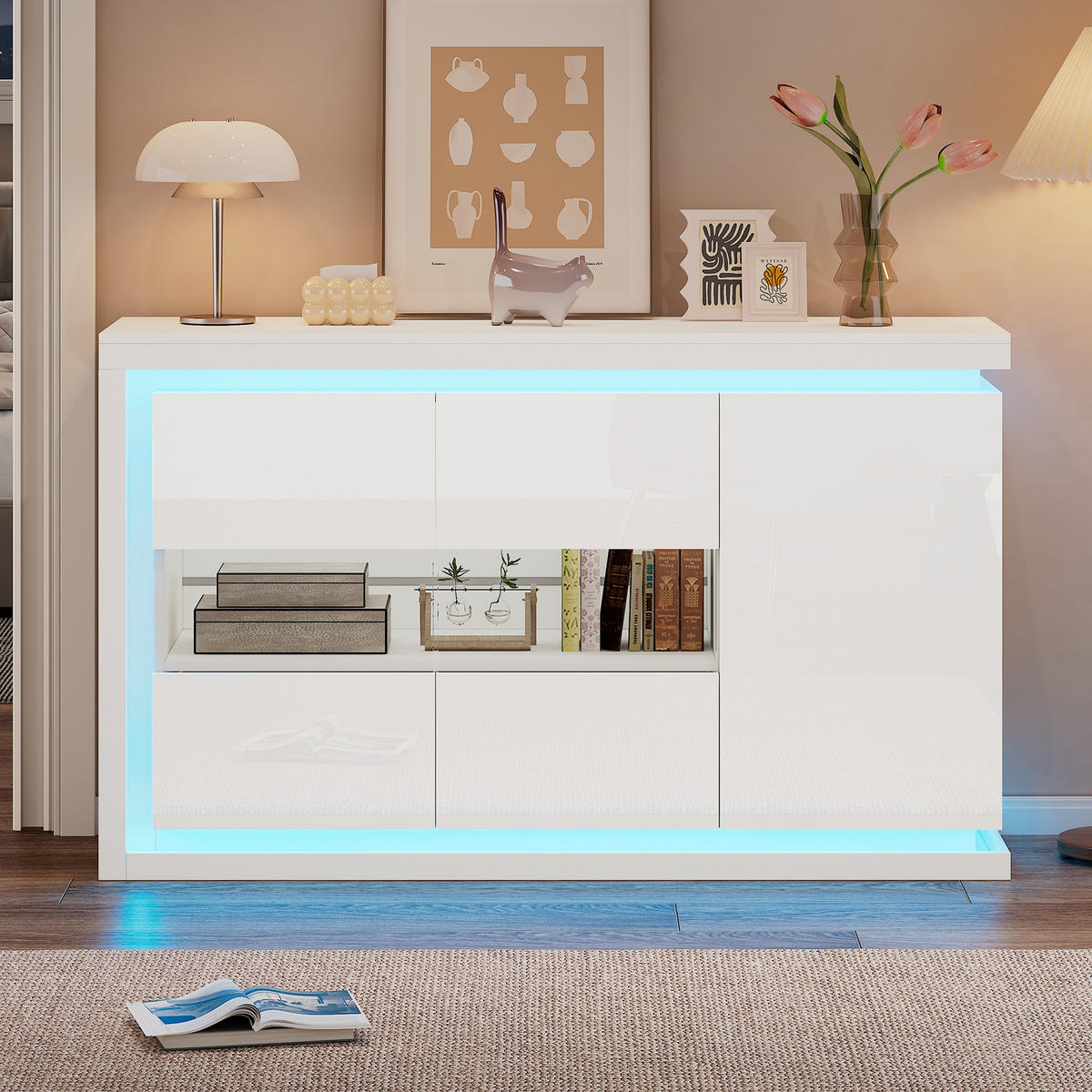 SIDEBOARD LED Hochglanz 4 Fächer Glas 140x40x84cm - Weiß, Holzwerkstoff (40/84/140cm) - FLIEKS