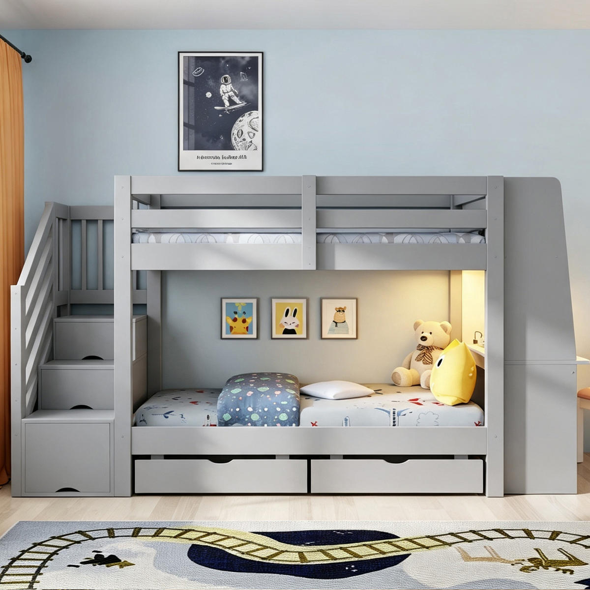 ETAGENBETT 90/200 cm mit Schreibtisch und LED, DE-41592, in Grau - Grau, Holzwerkstoff (90/200cm) - ComfortXL