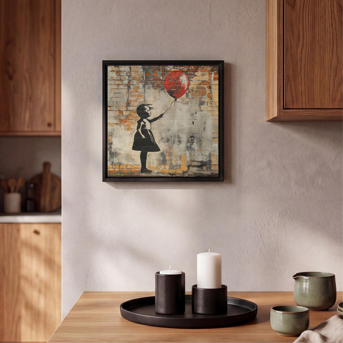 LEINWAND Bilder mit Rahmen - Graffiti - Banksy - Mädchen - Straßenkunst - 20x20 - Sandfarben, Textil (20/20cm) - MuchoWow