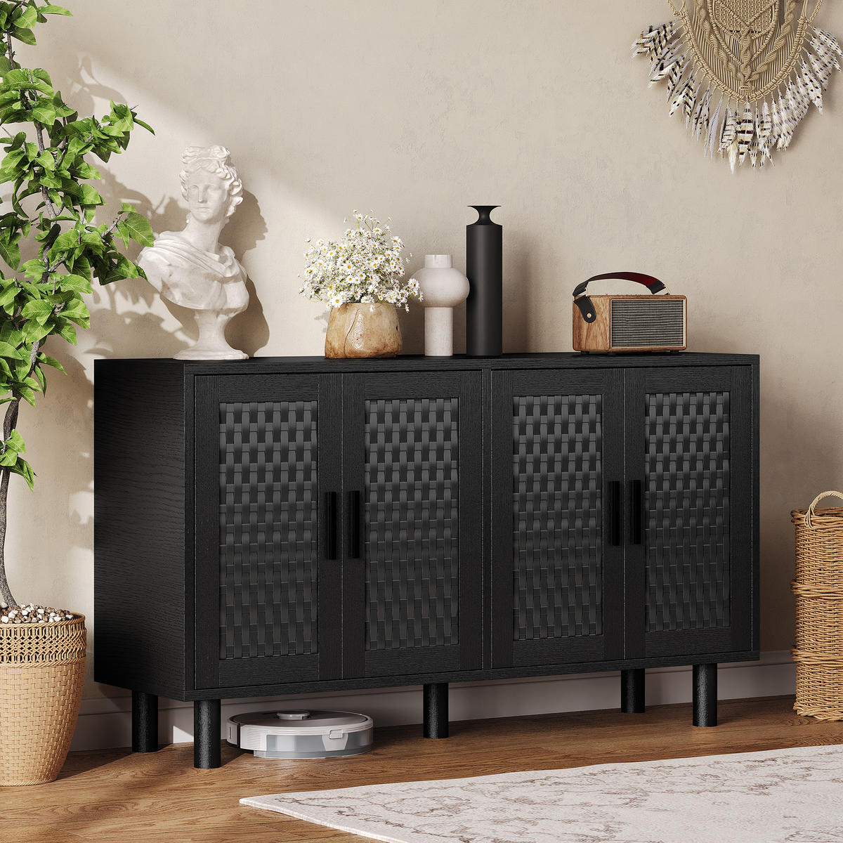SIDEBOARD 140x40x80 cm Rattan Stauraum schwarz - Schwarz, Holz (140/80/40cm) - Fortuna Lai