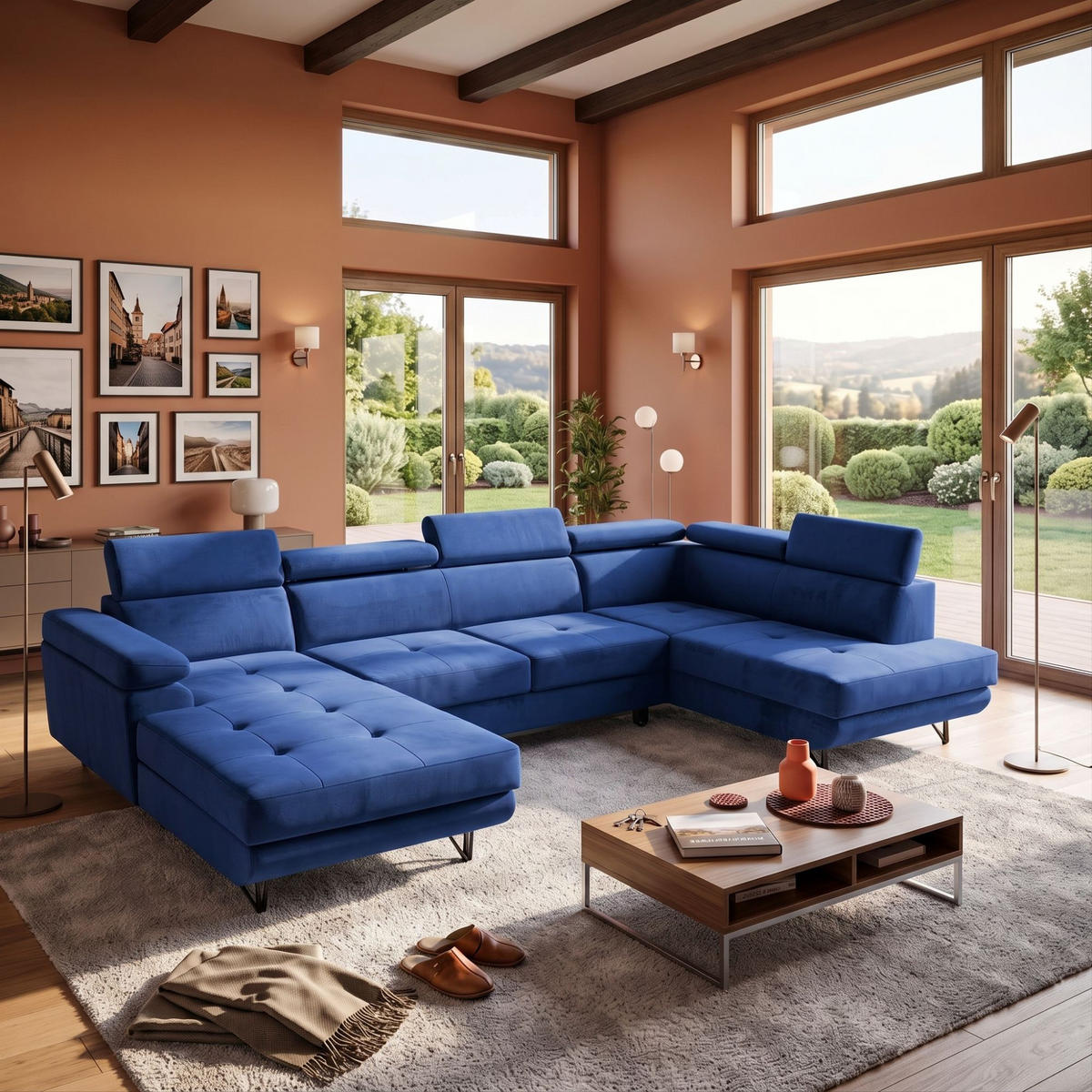ECKSOFA U-Form JUNIOR U Rechts mit Schlaffunktion 128x254 Velours Blau - Blau/Schwarz, Holz/Textil (184/90/323cm) - Muffo