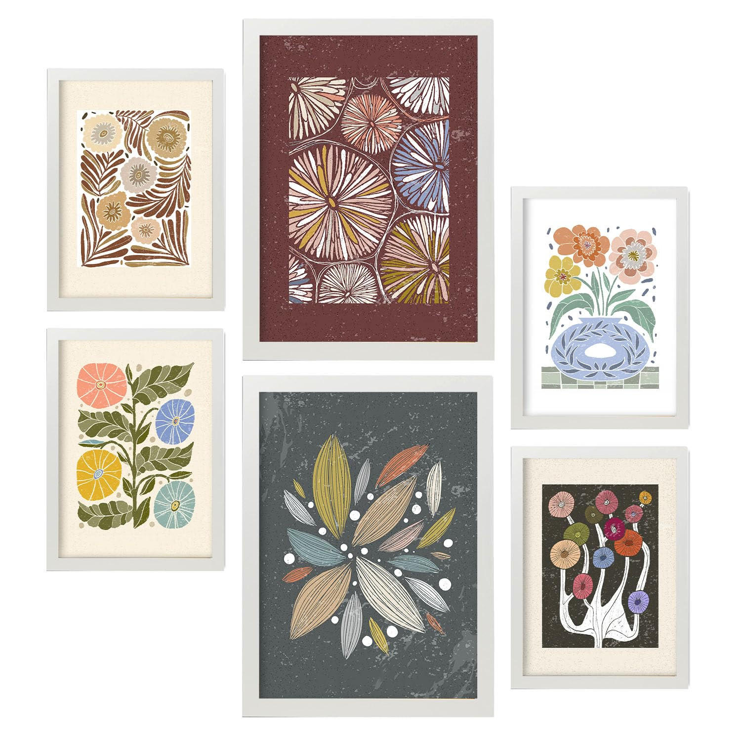 POSTER Set Mit 6 Drucken Von Blumen Im Ethnischen Drucke Sammlung Ästhetische Dekorative Rahmen Für Ihr Zuhause Wandkunstdruck A3 & A4 Weißer Rahmen - Weiß, Papier (29/3cm) - Nacnic