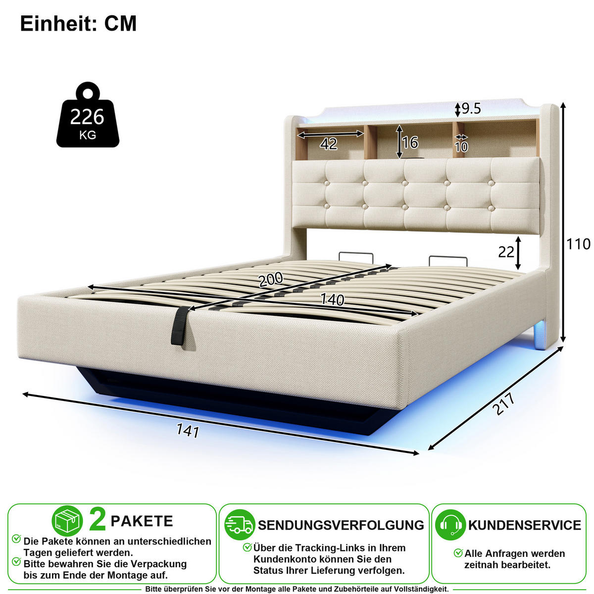 POLSTERBETT 140/200 cm in Beige Leinen mit Stauraum, LED, USB und Type-C - Beige, Holzwerkstoff/Textil (140/200cm) - CHICFURN