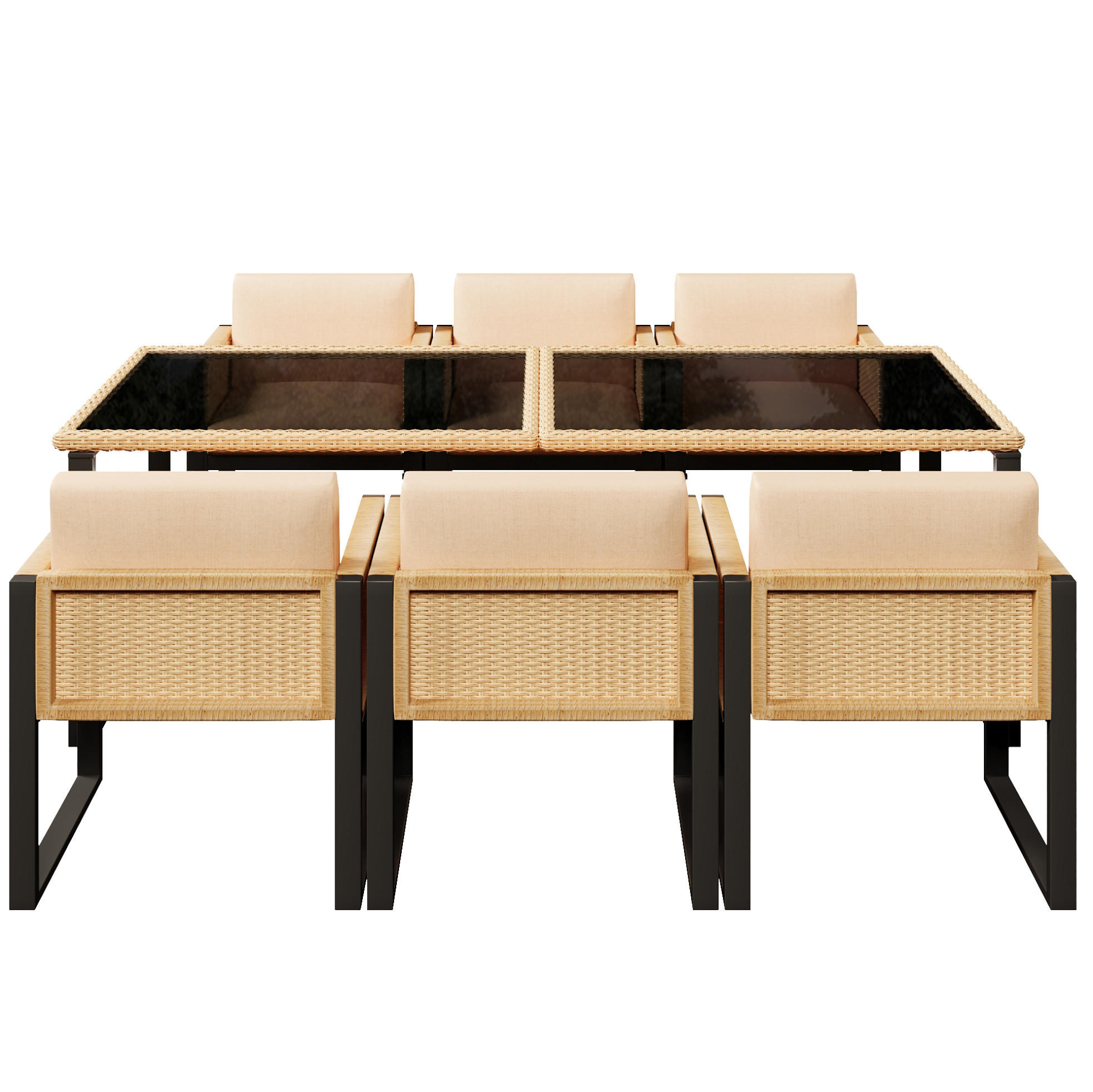 GARTENGARNITUR aus PE-Rattan 170x80x75 cm Schwarz/Braun mit Glasplatte, 6 Stühlen und waschbaren Bezügen - Schwarz, Kunststoff - Modfu