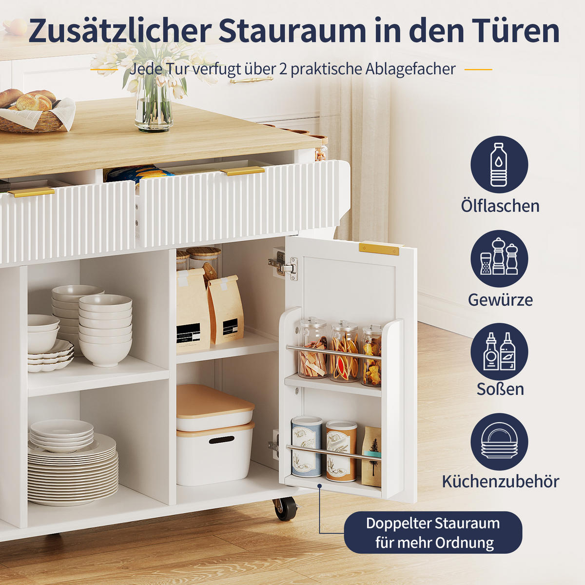 KÜCHENINSEL auf Rollen 143/45/89.5 cm Weiß mit klappbarer Arbeitsplatte, 2 Schubladen und Stauraum - Weiß, Holz/Holzwerkstoff (45/89.5/143cm) - Oxeza