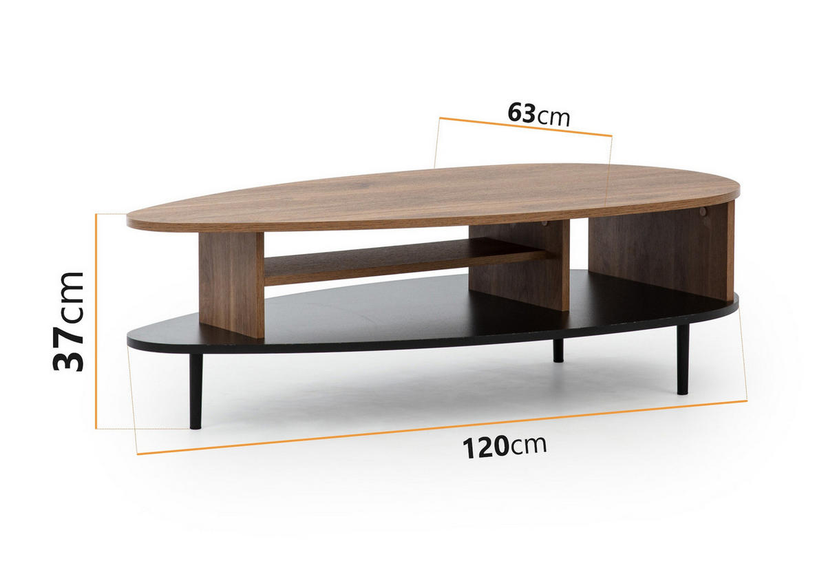 COUCHTISCH Nero 120 cm Retro-Stil Ovale Form - Hellbraun/Schwarz, Holzwerkstoff/Metall (62/119/37cm) - Ravio