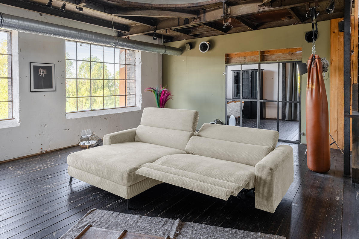 ECKSOFA LAISKA Cremeweiß Cord Relaxfunktion - Creme/Schwarz, Textil/Metall (282/177cm) - KAWOLA