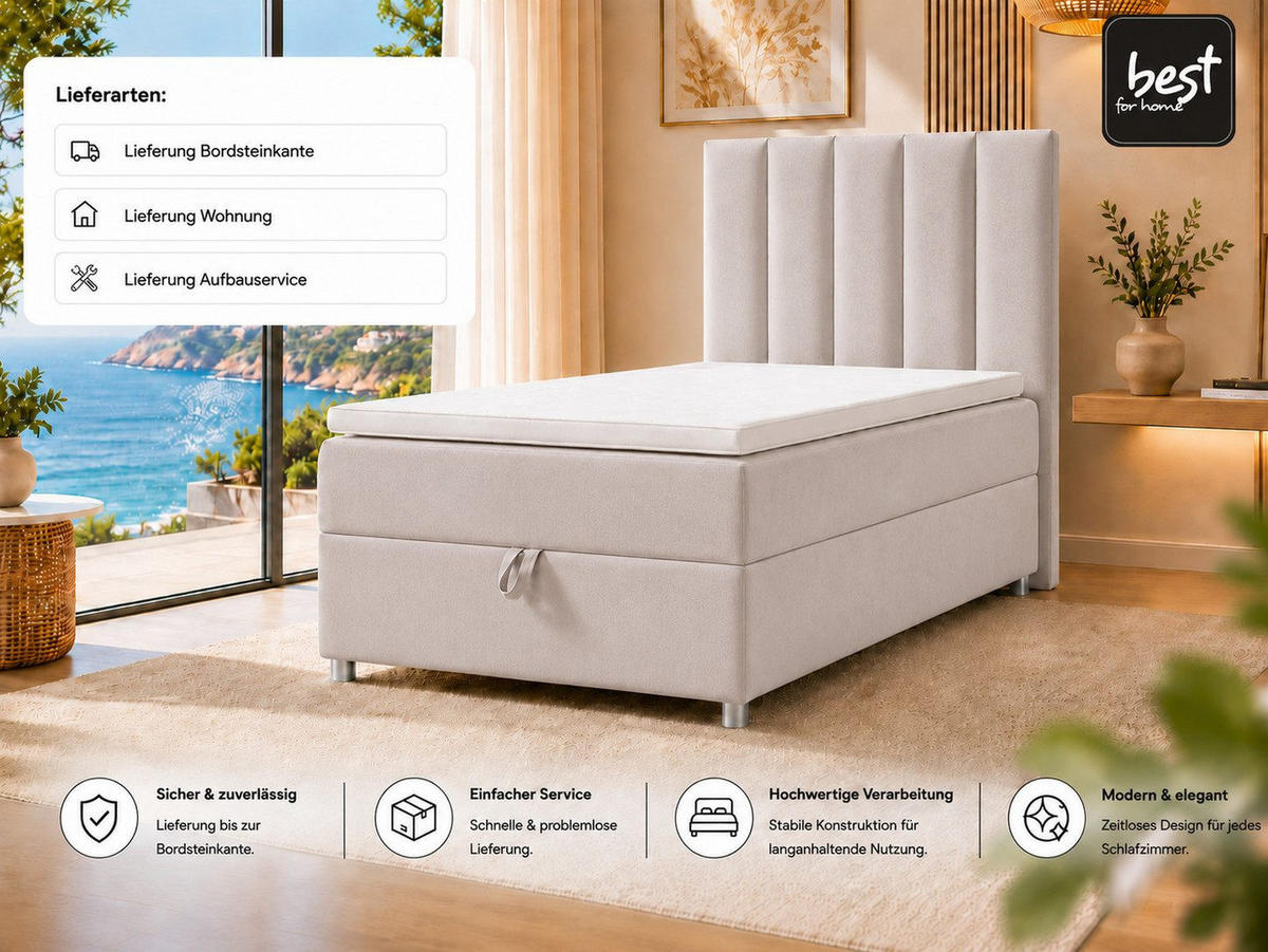 BOXBETT mit Bettkasten Trinity K10-SINGLE Bonellfederkern inkl. Topper - Creme, Holz/Holzwerkstoff (70/200cm) - Best For Home