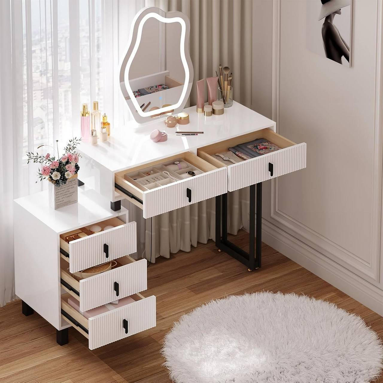 SCHMINKTISCH mit LED, Spiegel, Weiß+Schwarz - Schwarz/Weiß, Glas/Holz (90/130/38cm) - Woltu
