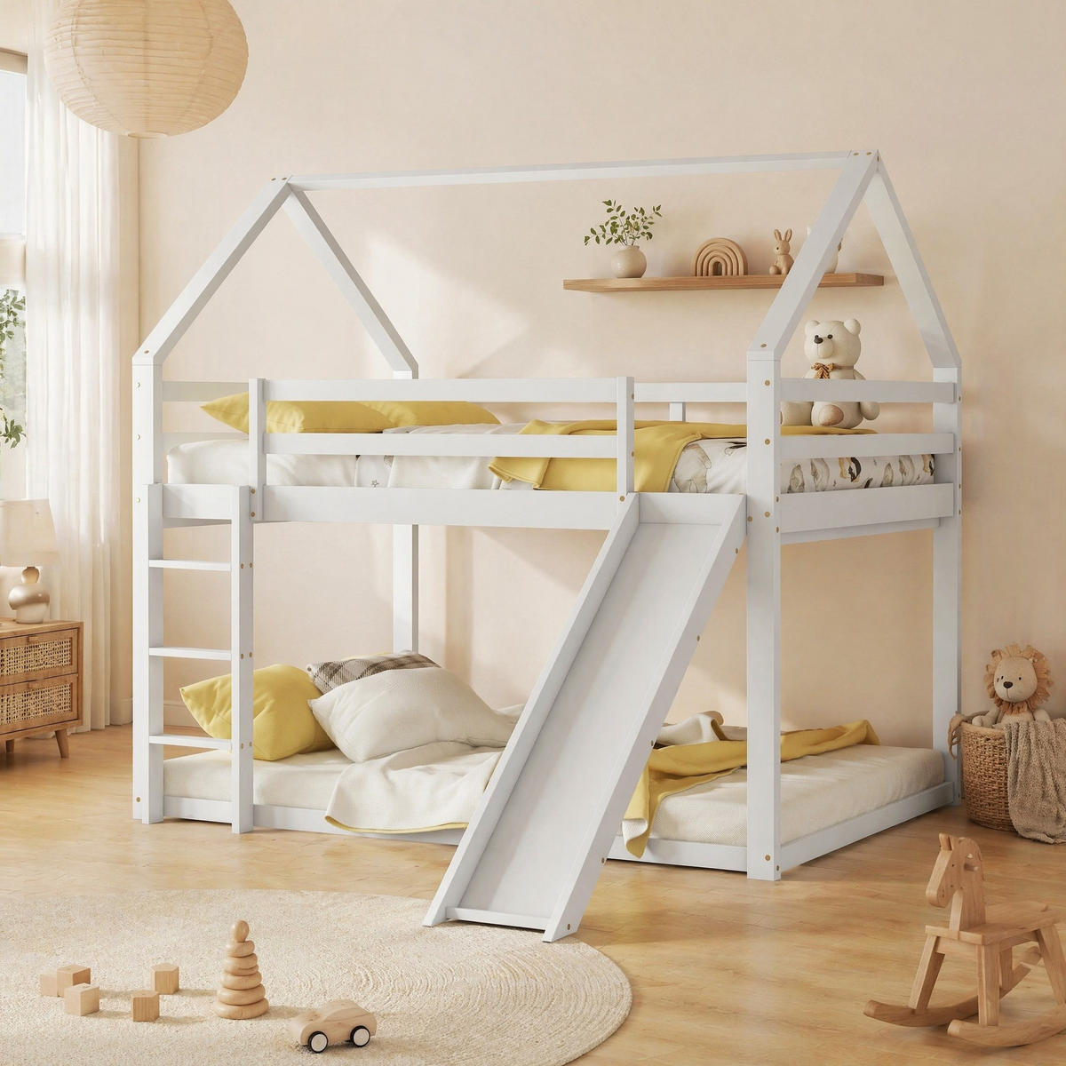 HAUSBETT 140/200 cm in Weiß mit Rutsche und Leiter in Hausform - Weiß, Holz (140/200cm) - OKMYHOME