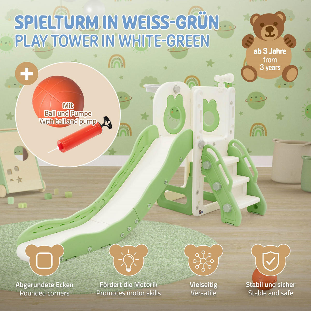 KINDERRUTSCHE Weiß-Grün aus Kunststoff - Grün, Kunststoff (91/90/162cm) - Joyz