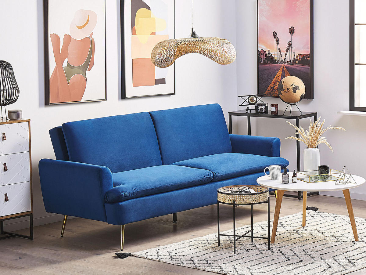 3-SITZER-SCHLAFSOFA Samtstoff Marineblau Vettre - Hellblau, Textil (210/88/84cm) - Beliani