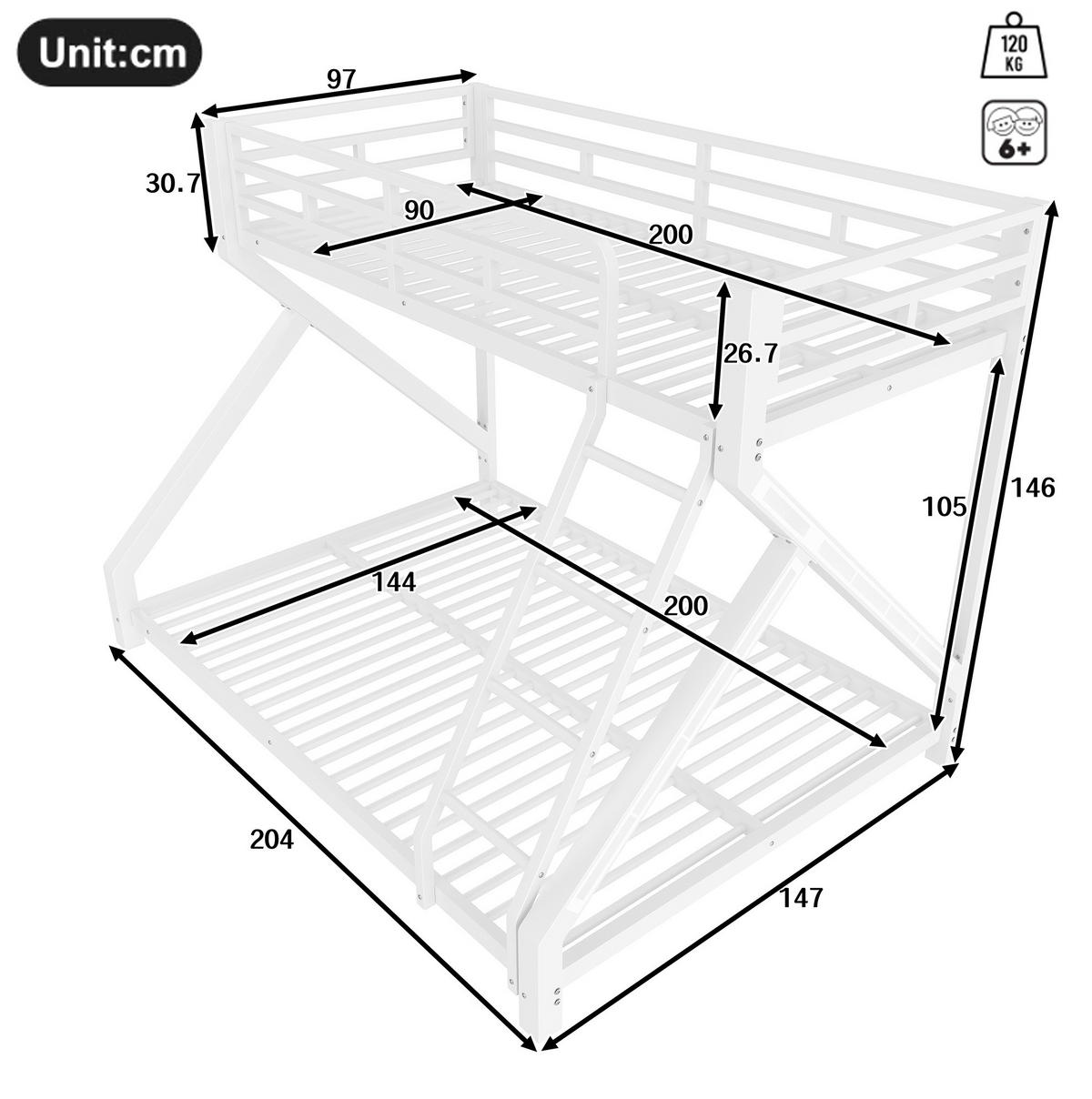 ETAGENBETT 90x200/140x200 cm in Weiß mit LED-Beleuchtung - Weiß, Metall (90/200cm) - IVMEU