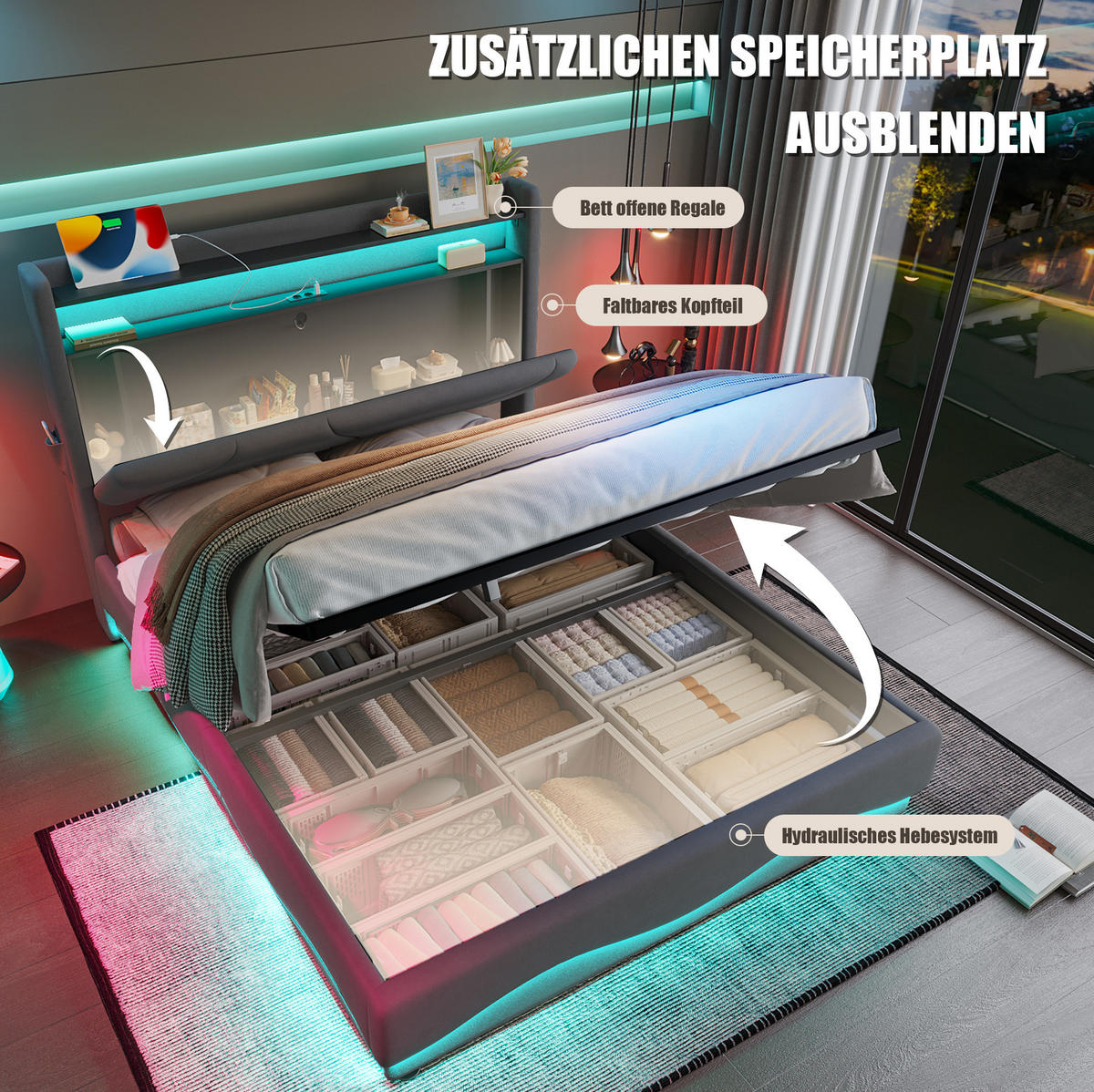 POLSTERBETT 140/200 cm aus Samt mit LED-Kopfteil und Stauraum Dunkelgrau - Dunkelgrau, Textil (140/200cm) - Modenvie
