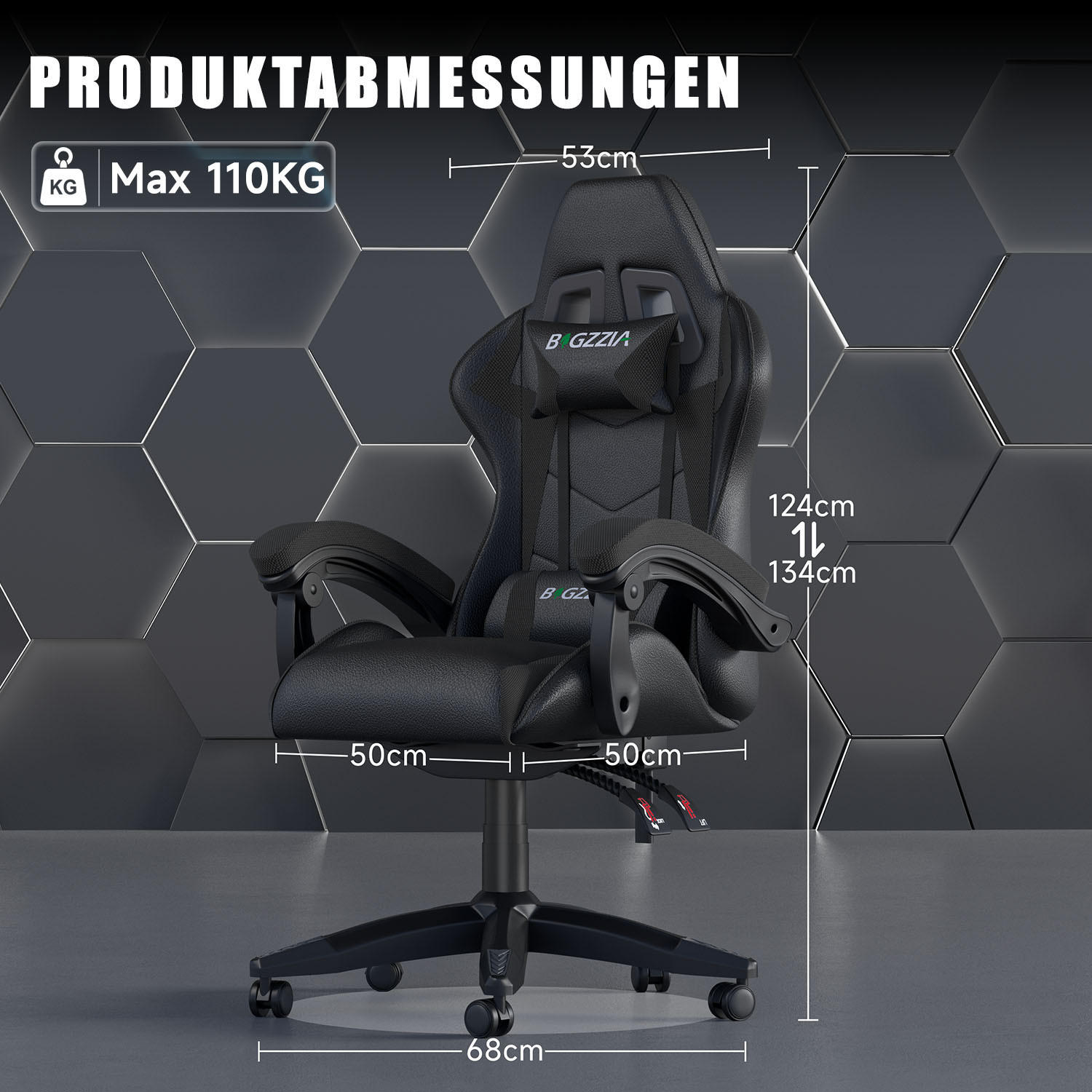 GAMINGSTUHL Schwarz ergonomisch - Schwarz, Leder (29/59/79cm) - Rattrix