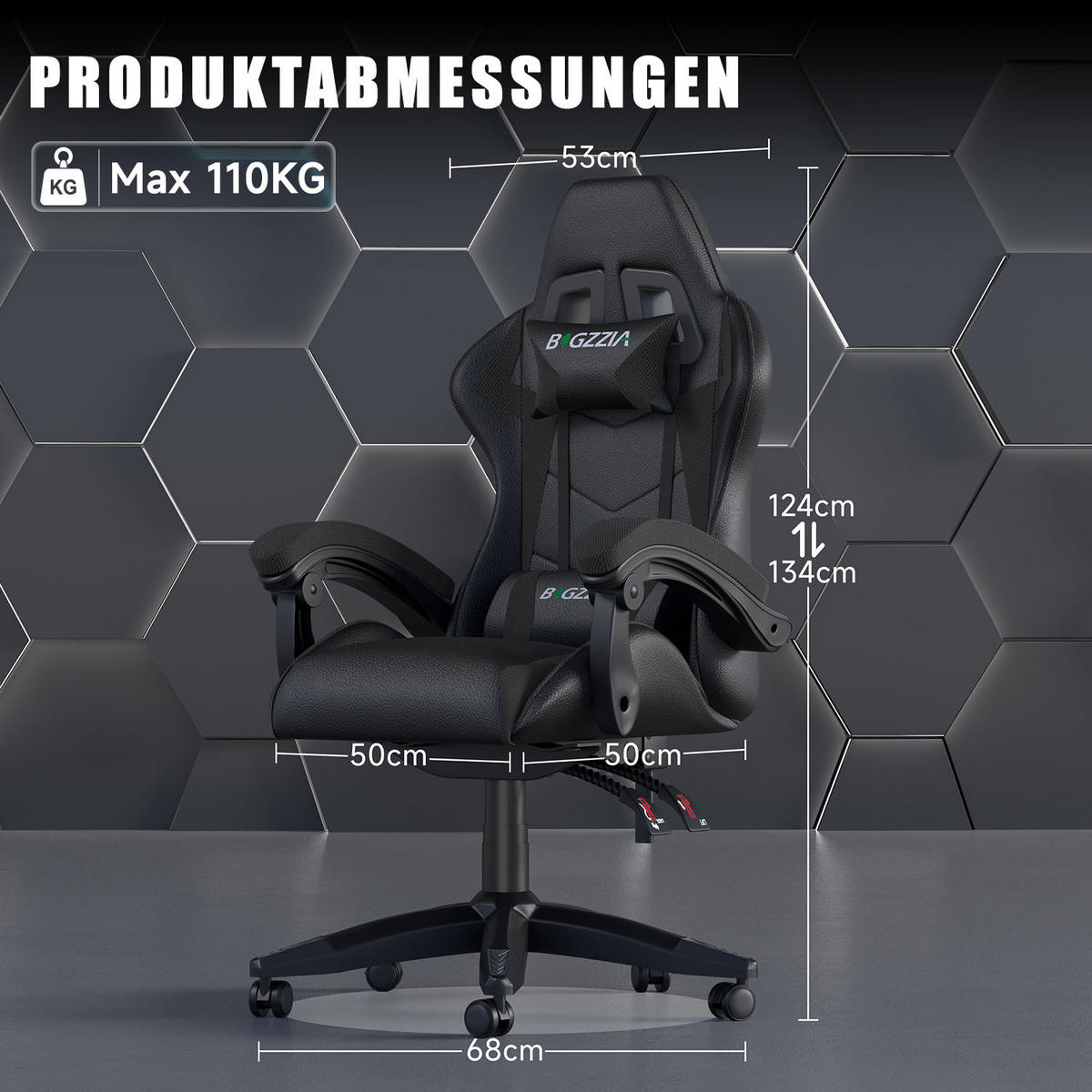 GAMINGSTUHL Schwarz ergonomisch - Schwarz, Leder (29/59/79cm) - Rattrix