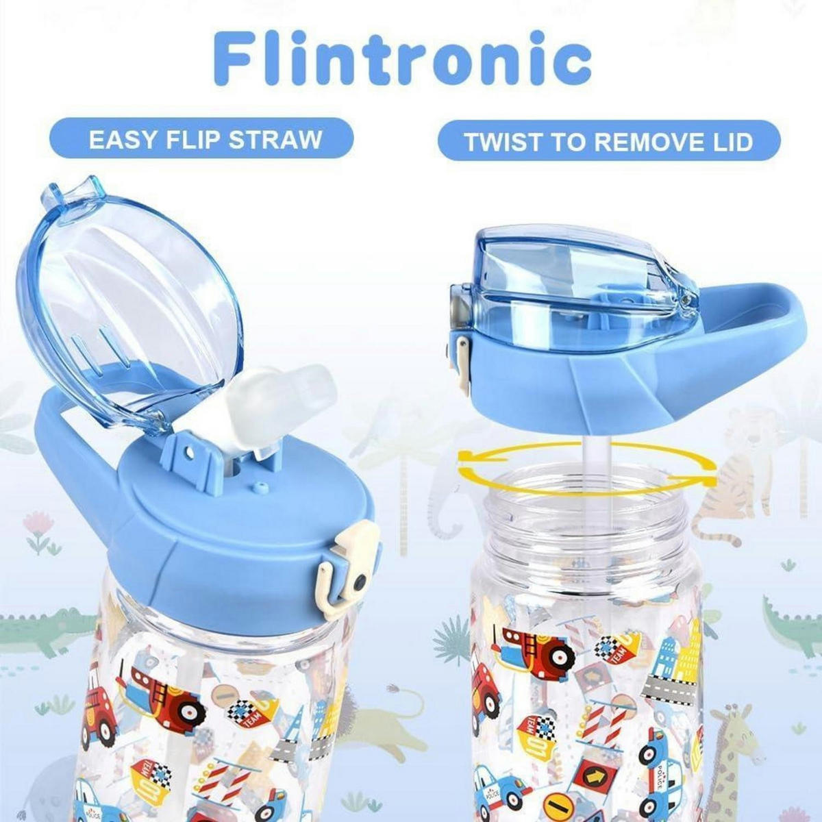 KINDER Trinkflasche mit Strohhalm 500 ml Blau Blaues Auto - Blau, Kunststoff (10/10cm)